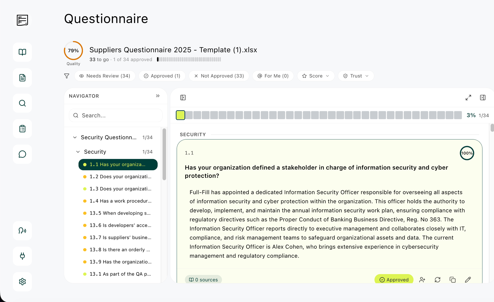 Full-Fill questionnaire view showing a trust score and an evidence-based answer
