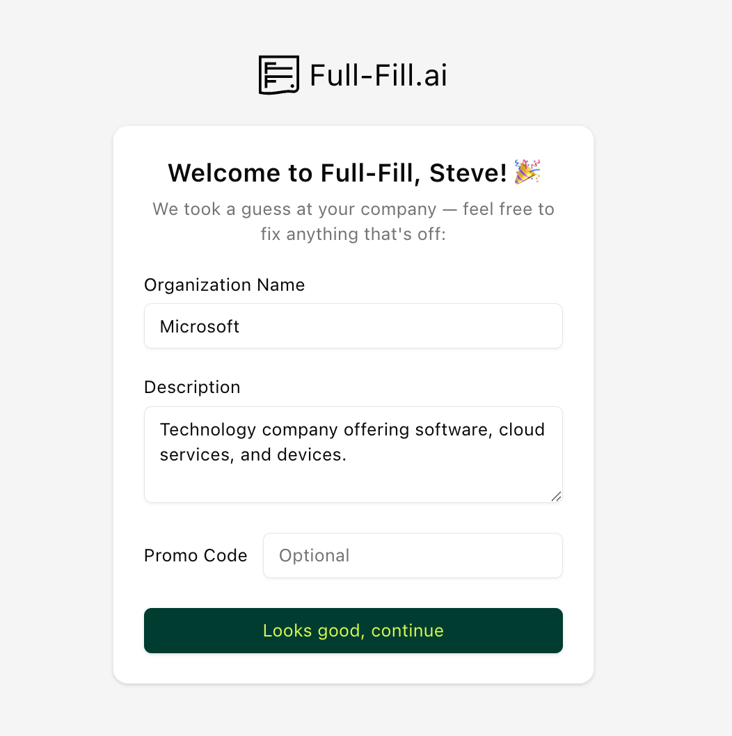 Full-Fill registration screen with organization name and description pre-filled