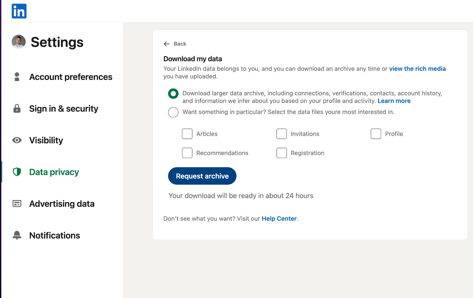 LinkedIn data export settings page for downloading your message archive