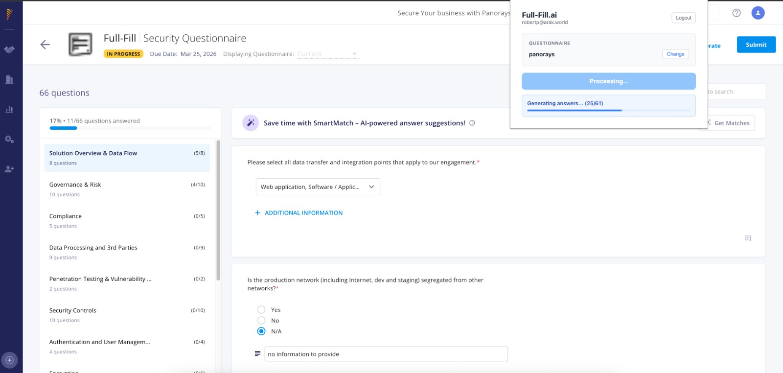 Full-Fill Extension running inside a Panorays questionnaire